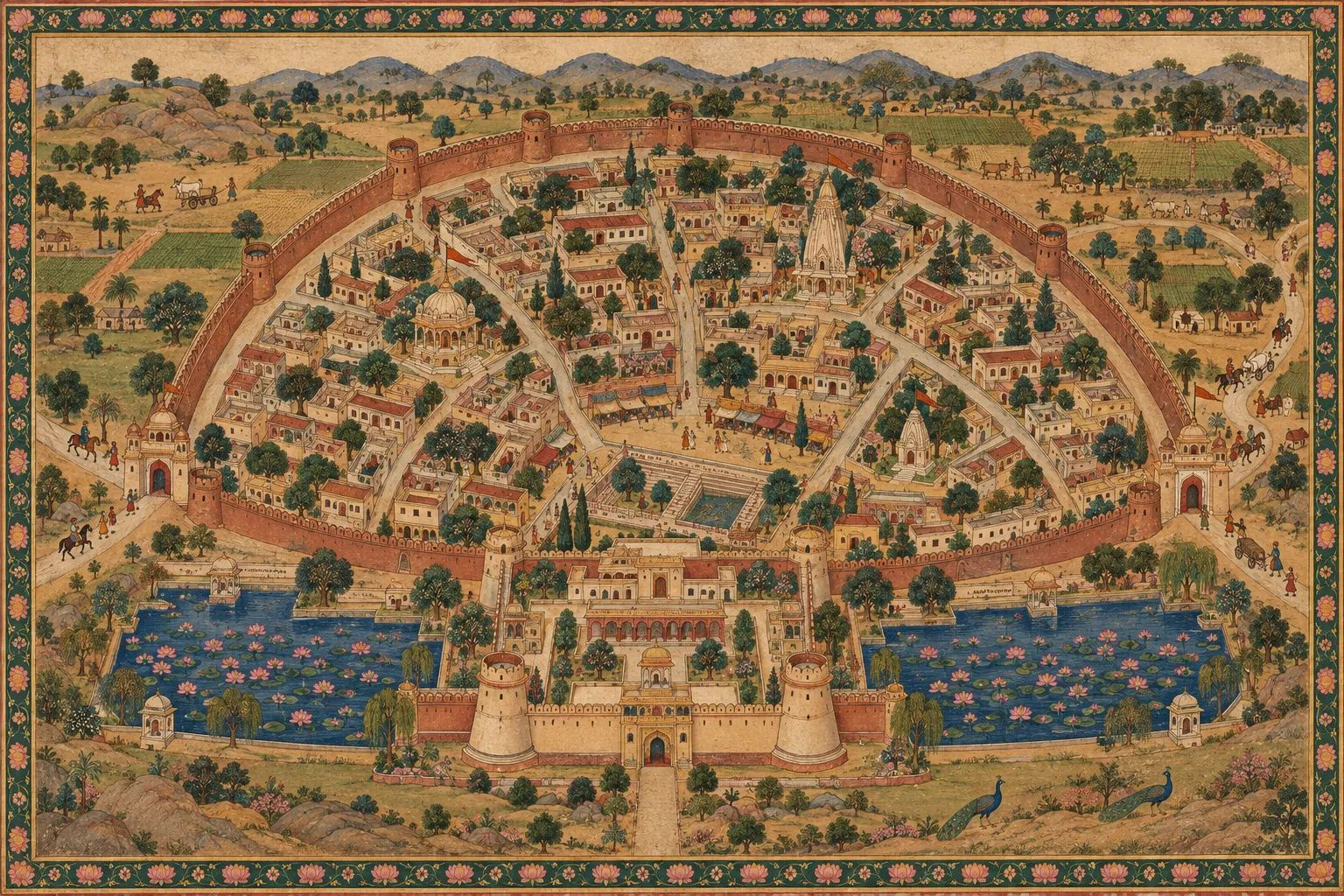 The walled, fan-shaped town of Diggi with its citadel between two lakes (an illustration)