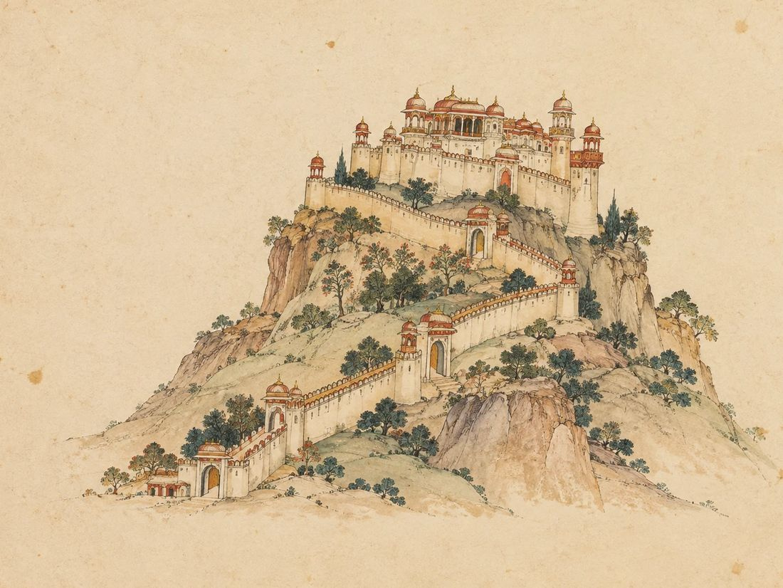 A palace on a ridge with a zigzag wall: Amber