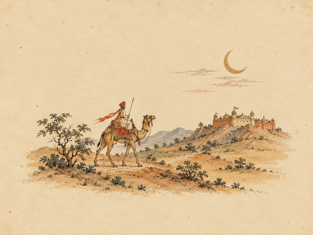 A rider on a camel under a crescent moon: Narwar