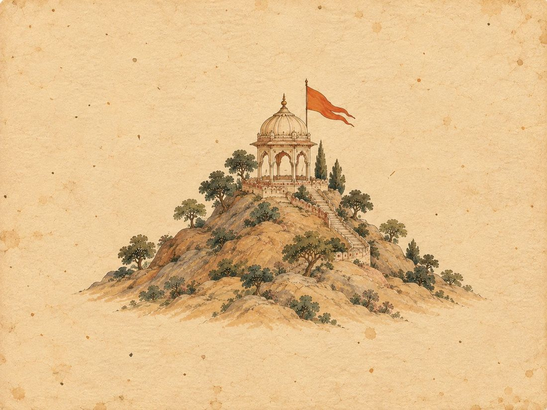 A hilltop chhatri under a saffron flag: Dausa