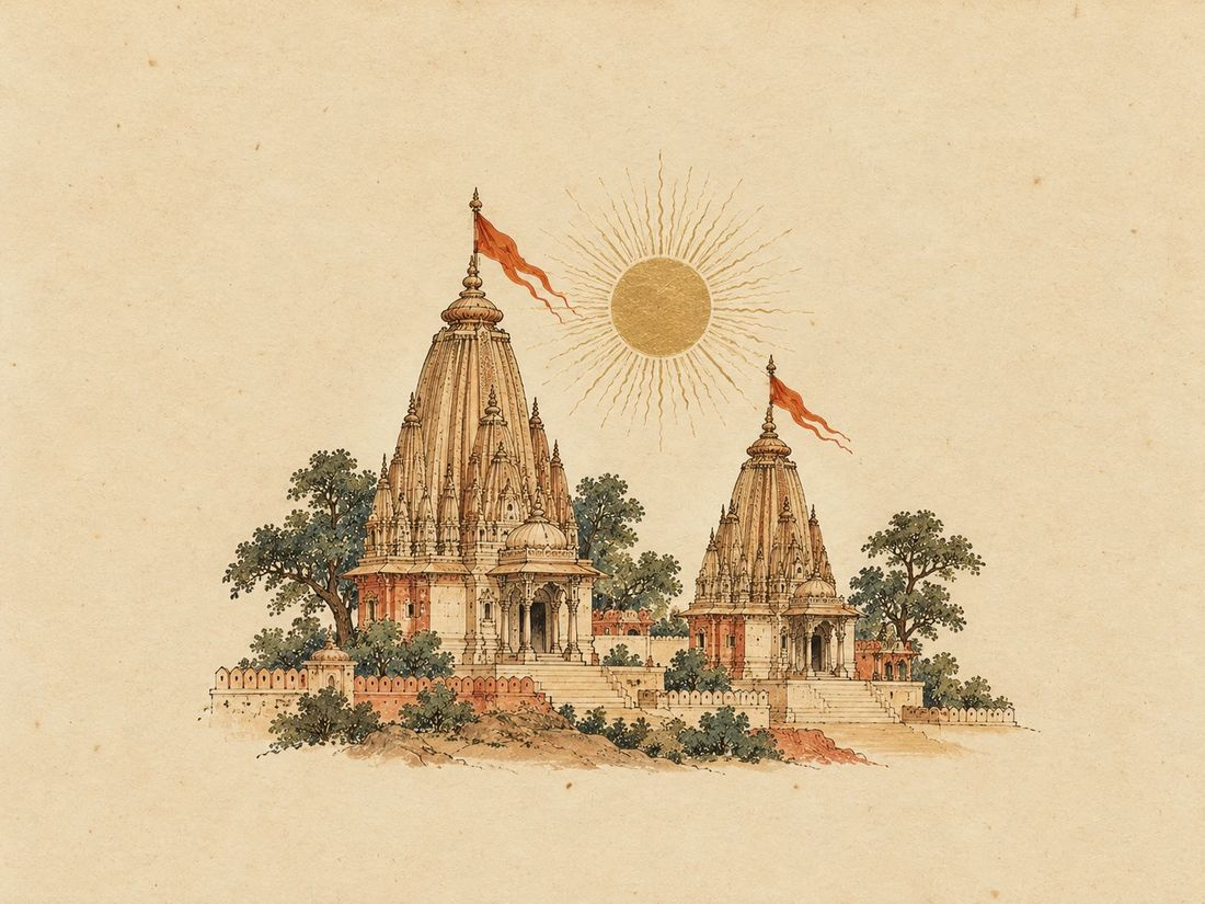 Two temples with saffron flags beneath a golden sun: Ayodhya
