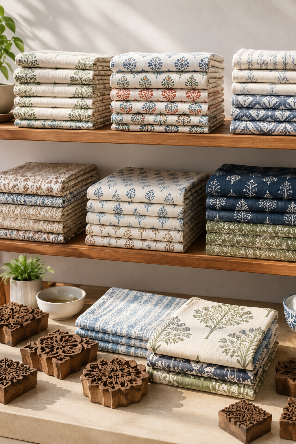 A table laid with hand-thrown blue pottery and block-printed linen